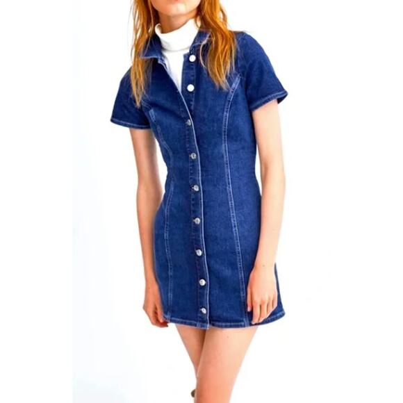 Zara Womens Denim Button Front Dress Size S Mini Short Sleeve Preppy Fall - Picture 3 of 8